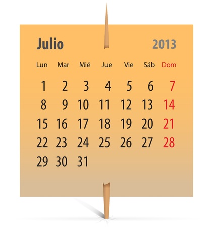 Spanish calendar for July 2013 on an orange sticker attached with toothpick. Vector illustrationのイラスト素材