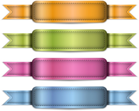 Colorful tag labels made of leather. Ribbons on white. Design templates.  illustrationのイラスト素材