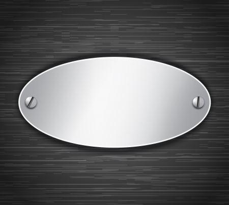 Metallic oval tablet attached with screws. Blank banner on dark brushed metallic background. Vector illustrationのイラスト素材