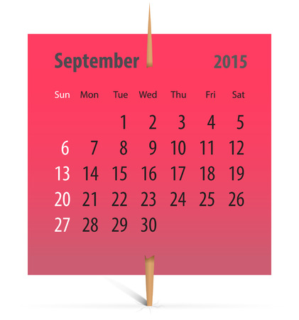 Calendar for September 2015 on a red sticker attached with toothpick. Vector illustrationのイラスト素材