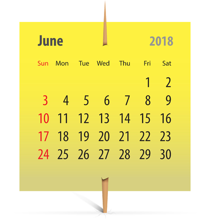 Calendar for June 2018 on a yellow sticker attached with toothpick. Vector illustrationのイラスト素材