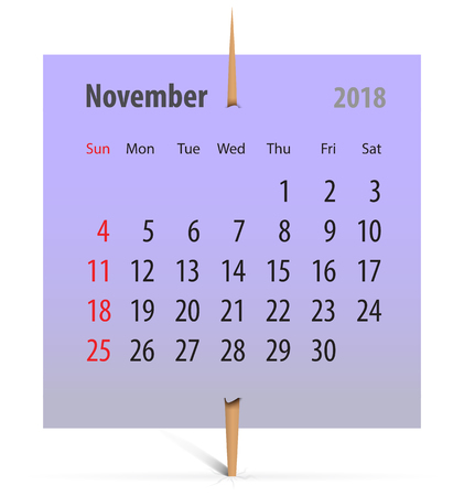 Calendar for November 2018 on a violet sticker attached with toothpick. Vector illustrationのイラスト素材