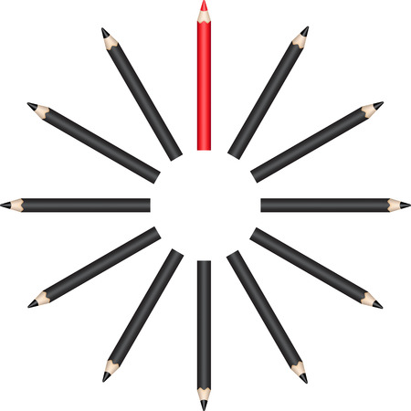 Black pencils in a circle with leading red pencil. Vector illustrationのイラスト素材