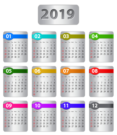 Calendar for 2019 year with colorful stickers. Vector illustrationのイラスト素材