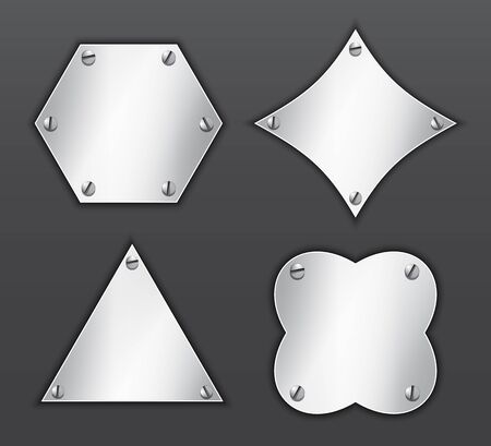 Metallic icons in different shapes attached with screws. Triangle, rhombus, hexagon. Blank buttons. Vector illustrationのイラスト素材