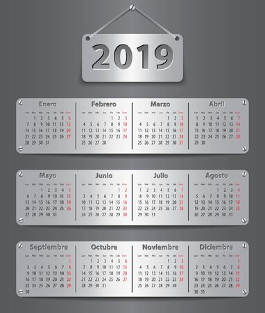 Calendar for 2019 in Spanish with attached metallic tablets. Vector illustrationのイラスト素材