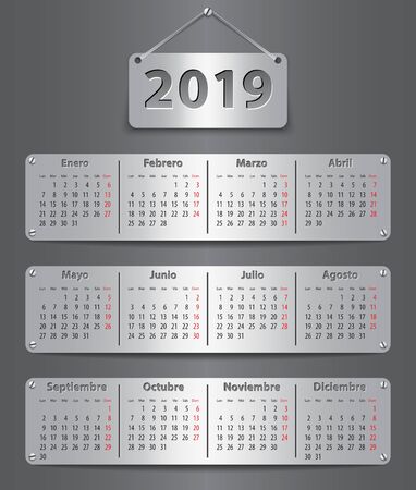 Calendar for 2019 in Spanish with attached metallic tablets. Vector illustrationの素材 [FY310133637819]