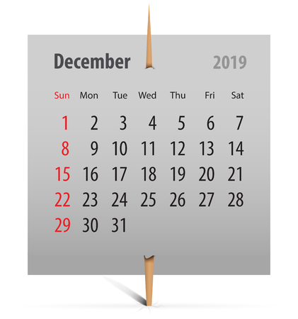 Calendar for December 2019 on a gray sticker attached with toothpick. Vector illustrationのイラスト素材