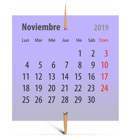 Calendar for November 2019 on a violet sticker attached with toothpick. Vector illustrationのイラスト素材