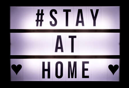 Stay at home sign light box hashtag heart font letters covid-19 corona virusの写真素材