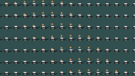 Toasters ejecting bread simple minimal composition pattern. Breakfast is served!!! Toast is served! Futuristic concept design of toasters aligned like soldiers, loading and firingの写真素材