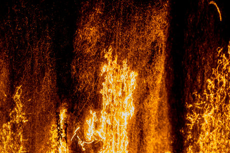 FIRE - steel wool burning, oxidizing, smoldering. Burning in lines, long exposure.
Burning coals in the fireplace. Abstract background and texture for design.の写真素材