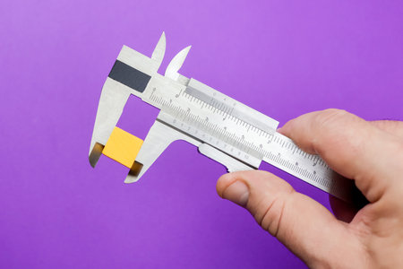 Caliper violet background measuring yellow cube hand. Vernier caliper in hand with yellow cube on purple backgroundの写真素材