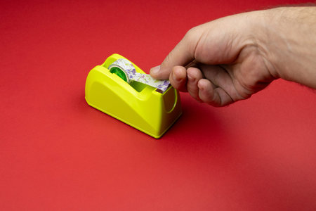 Hand pulling tape from a neon yellow dispenser on red background. Perfect for office, packaging,...