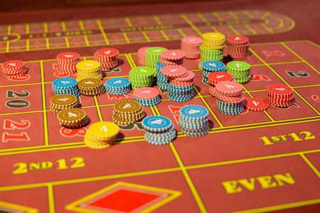 Real gaming chips on the casino table. Big Casino winnings.のeditorial素材