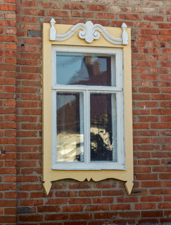 antique wooden windows carved platbands in the village, Russian outback
