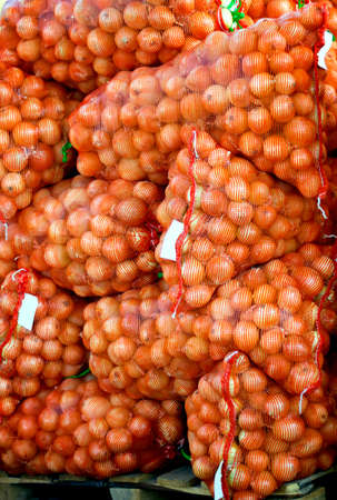 onion harvesting nets wholesale, farming, bagging, stackedの写真素材