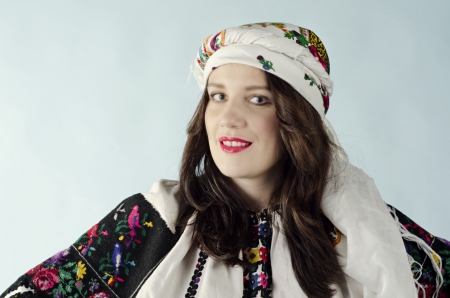 smiling woman in tradition ukrainian clothの写真素材