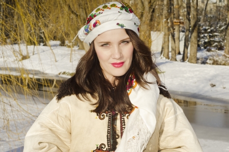  woman looking forvard in tradition ukrainian clothの写真素材