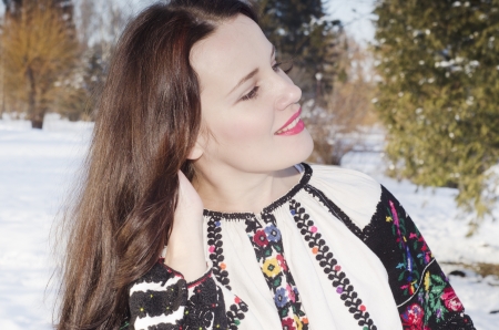 smiling woman in tradition ukrainian clothの写真素材