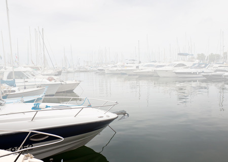 yacht in Cannes in fogの写真素材