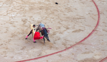 PAMPLONA, SPAIN -JULY 8: Bullfighting in arena Toros at the festival of San Fermin in Pamplona, Spain on July 8, 2012.のeditorial素材