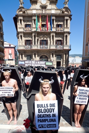 PAMPLONA, SPAIN - JULY 5: People protesting against cruelty to animals at San Fermin festival. Plaza in front of municipality. Pamplona, Navarra, Spain July 5, 2013 のeditorial素材