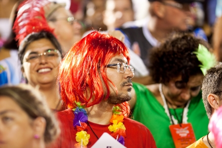 RIO DE JANEIRO - FEBRUARY 11: Spectator in costume watch participants on carnival at Sambodromo in Rio de Janeiro February 11, 2013, Brazil. The Rio Carnival is biggest carnival in world.のeditorial素材
