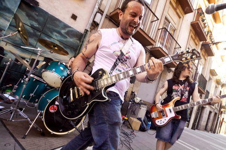 PAMPLONA, SPAIN - JULY 8: The musicians play on street during San Fermin festival in Pamplona, Spain...