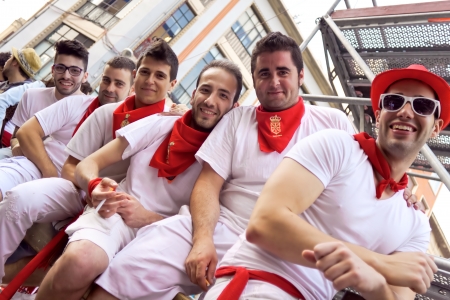 PAMPLONA, SPAIN - JULY 10  People await start of race of bulls at San Fermin festival  Pamplona, Navarra, Spain July 10, 2013 のeditorial素材