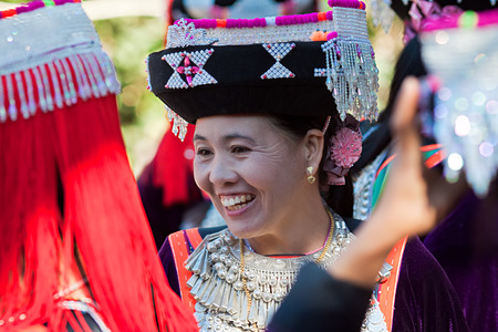 LISU, THAILAND - FEBRUARY 7: Young women in national costumes during  Spring Festival (Chinese New Year) in village of Lisu, province of Mae Hong Son, Thailand, February 7, 2014のeditorial素材