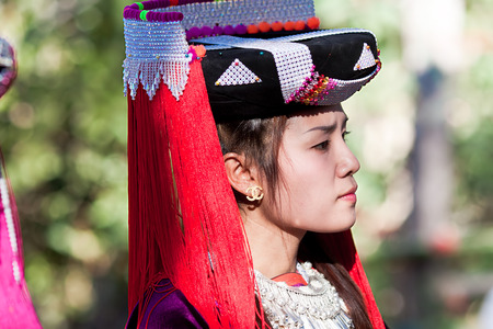 LISU, THAILAND - FEBRUARY 7: Young women in national costumes during Spring Festival (Chinese New Year) in village of Lisu, province of Mae Hong Son, Thailand, February 7, 2014のeditorial素材