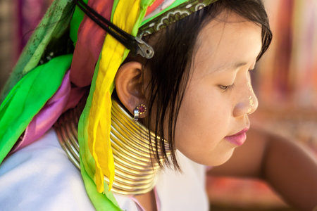 BAN NAI SOI, MAE HONG SON, THAILAND - FEBRUARY 6: Young woman Karen tribe with rings on neck in Ban...