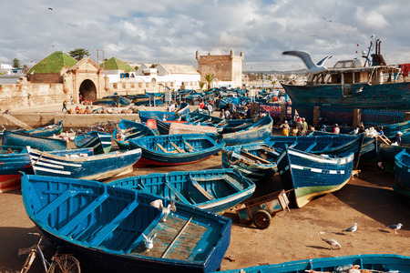 ESSAOUIRA, MOROCCO - NOVEMBER 26: Fishing boats in the fishing port in Castelo Real of Mogador of Essaouira, November 26, 2014. Essaouira is famous for its fish cuisine at touristsのeditorial素材