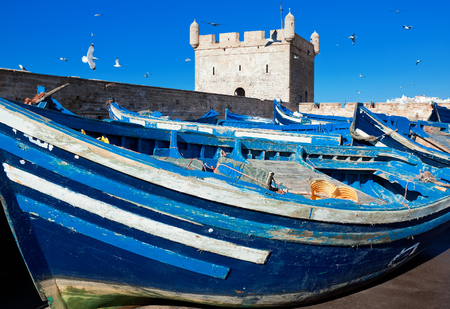 Fishing boats on background of Castelo Real of Mogador. Essaouira, Moroccoの写真素材