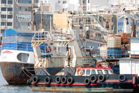 Rusty ships docked in the harborの写真素材