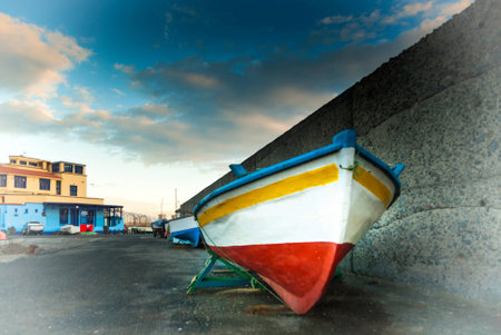 A shot of many rowboats in the dock of San Cristóbal, Grand Canaryの写真素材