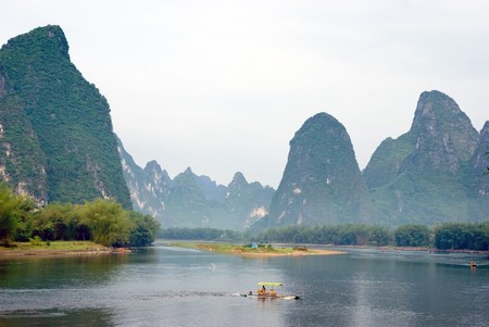 Bamboo raft on the Li river near Yangshuo, Guanxi province, Chinaの写真素材