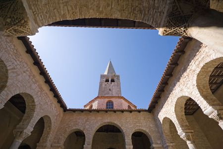Wide angle view of Atrium of Euphrasian basilica in the historic centre of Porec, Croatiaの写真素材