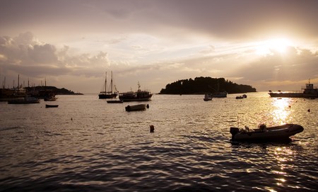 Sunset at Rovinj bay, Istria, Croatiaの写真素材