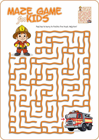 Cartoon illustration of an educational maze puzzle game for children. Help the fireman find his fire truck!のイラスト素材
