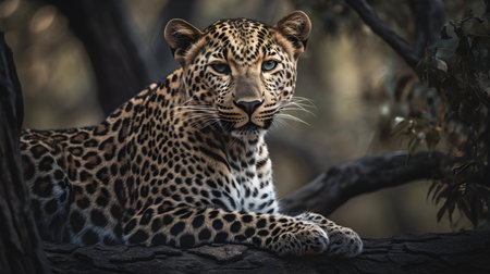 Leopard (Panthera pardus) lying on a branchの素材
