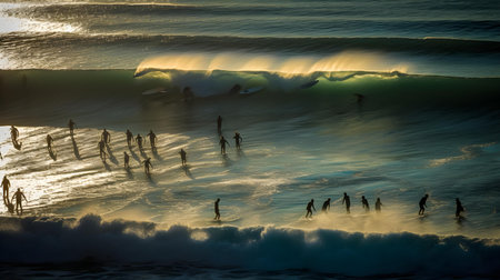 Surfers at sunset on the beach in Bali, Indonesiaの素材