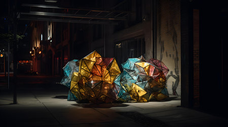 Colorful origami paper balls on street at night. Art conceptの素材