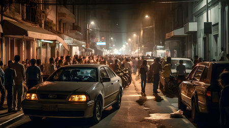 Crowds of people walking on the street at night.の素材