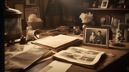 Old photos on the table in the library. Selective focus.の素材