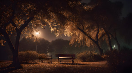 Empty bench in the park at night with fog in the background.の素材