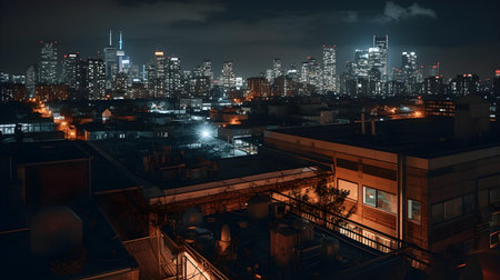 Night view of the city from a rooftop. 3D rendering.の素材