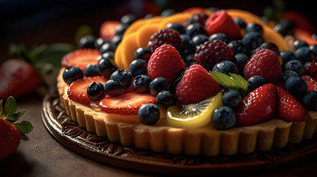 Delicious tart with fresh berries and fruits on wooden table, closeupの素材