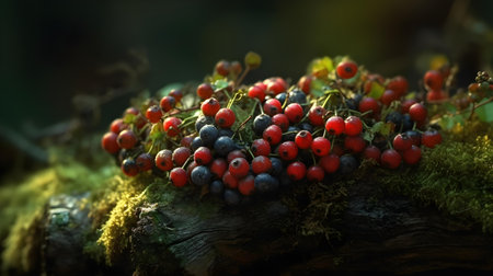 Berries of wild currant and bilberry on a mossy logの素材